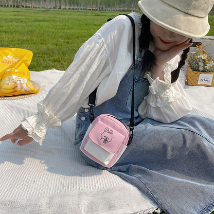 Canvas Women‘s Phone Bag Cartoon Printed Shoulder Messenger Bag Fashion Hit Color Flap Purse Casual Handbag Female Shopping Bag