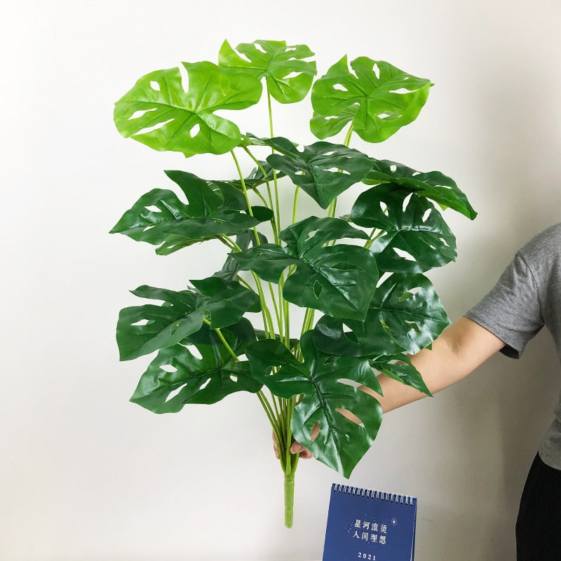 75cm 24Fork Fake Plants Large Artificial Monstera Tree Branch Plastic Tropical Palm False Turtle Leaf For Home Garden Room Decor