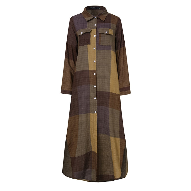 Vintage Check Shirt Dress Women's Autumn Sundress ZANZEA Casual Button Down Maxi Vestidos Female Lapel Robe Femme