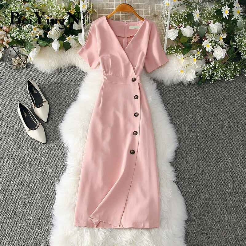 Beiyingni Office Ladies Dress Elegant Buttons Casual Slim Slim Vintage Romance Party Women Dress Red Pink Yellow Vestidos Mujer