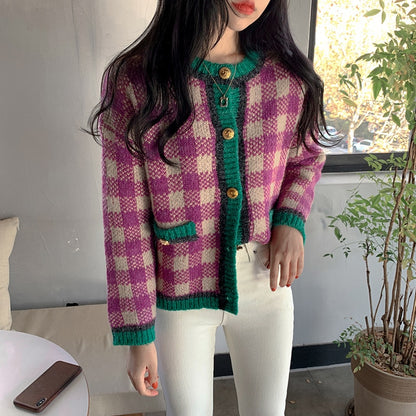 Alien Kitty 2020 Korean Spring Knitted Sweaters Lady Vintage Plaid Knit Cardigan Female Fashion Sweater Coat for Women Clothing