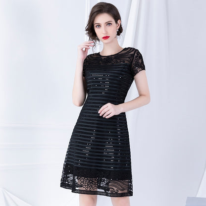 Exquisite sequined embroidered dress 2019 early autumn new short sleeve stitching  A ladies dresses