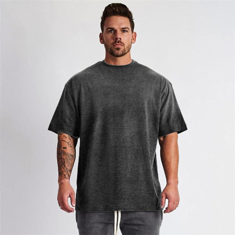 Solid Oversized T shirt Men Bodybuilding and Fitness Tops Casual Lifestyle Gym Wear T-shirt Male Loose Streetwear Hip-Hop Tshirt