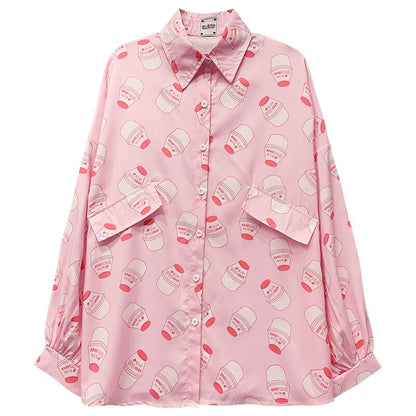 Autumn New Women Blouses Holiday Casual Puff Long Sleeve Top Ladies Strawberry Milk Printed Shirt Korean Summer Fashion Clothing