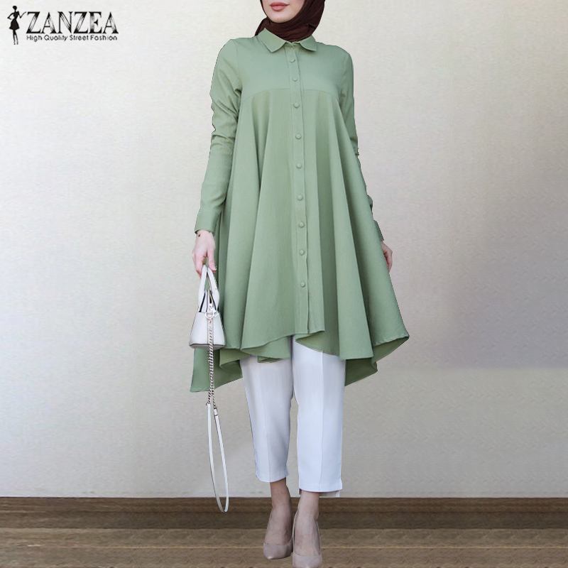 Vintage Asymmetrical Shirts Women's Autumn Blouse ZANZEA 2023 Casual Long Sleeve Turkish Robe Shirts Female Solid Islam Clothing