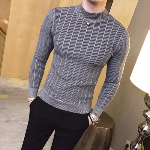 New Autumn Winter High Collar Striped Sweater Fashion Boutique Solid Color Men&#39;s Casual Knit Pullover Tight Fashion Mens Sweater