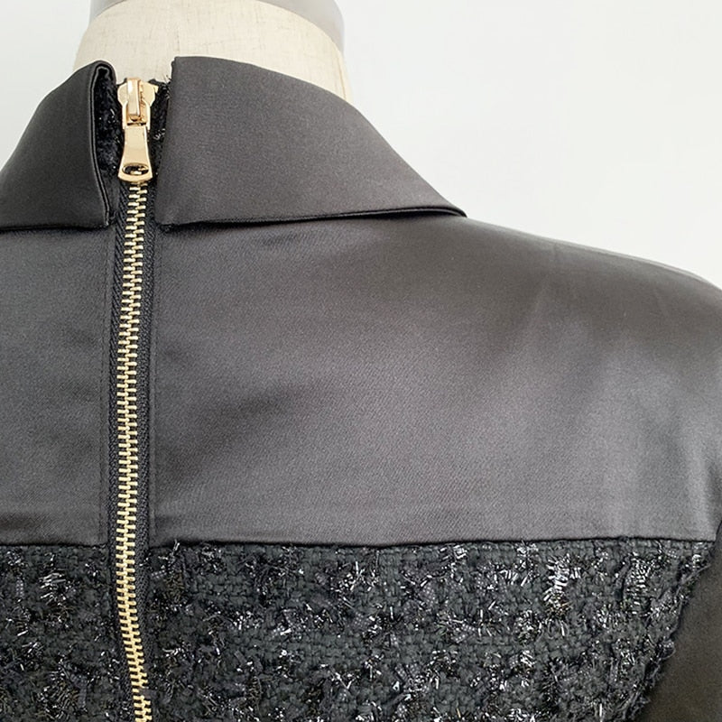 HIGH STREET New Fashion 2023 Baroque Designer Runway Dress Women's Lion Buttons Satin Patchwork Tweed Shimmer Dress