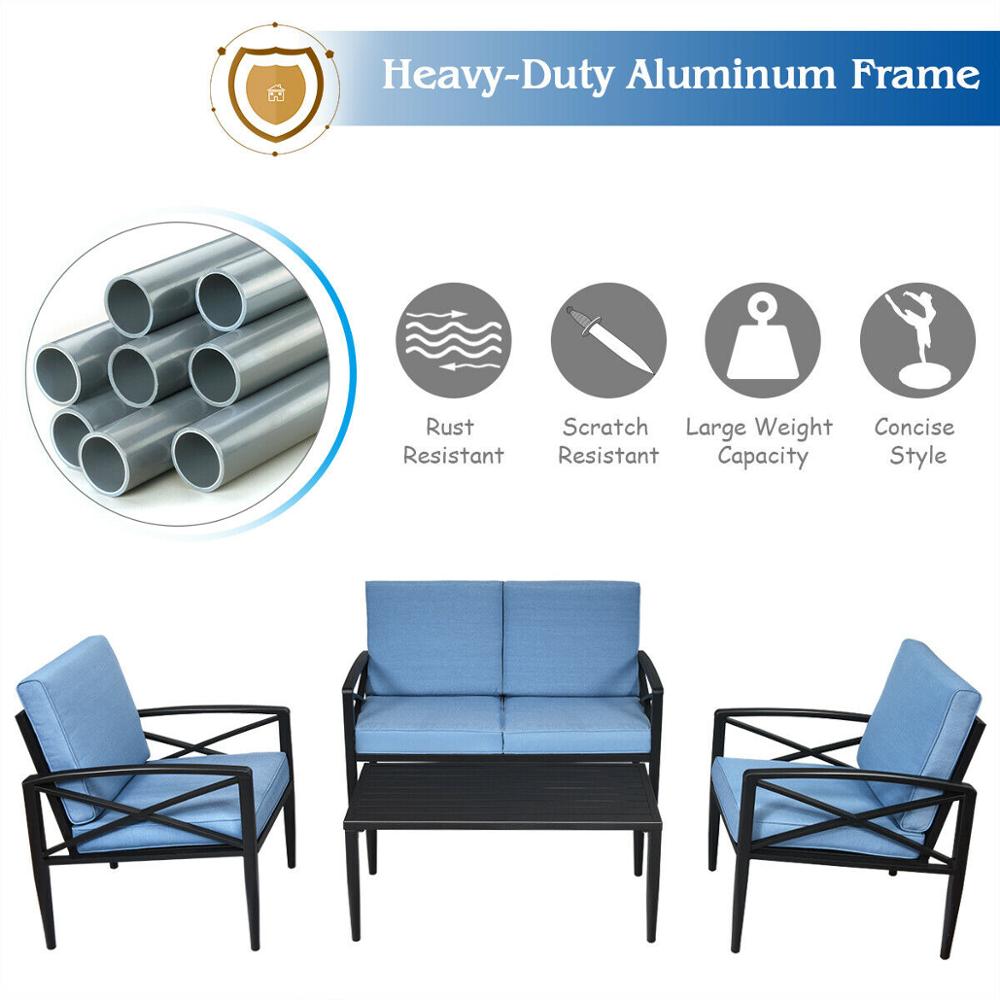 8PCS Patio Furniture Set Aluminum Frame Cushioned Sofa Chair Coffee Table Blue 2*HW65783+