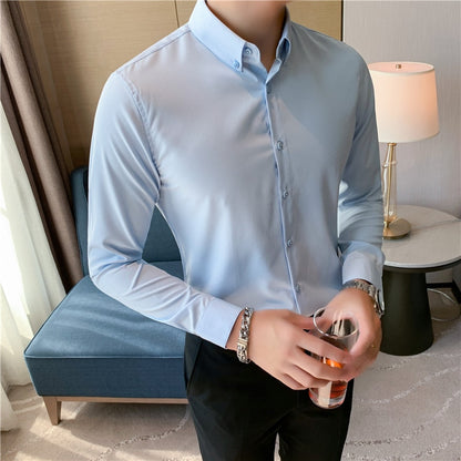 British Style Summer Solid Shirt Collections Men Clothing 2022 All Match Slim Fit Business Formal Wear Dress Blouse Homme Casual