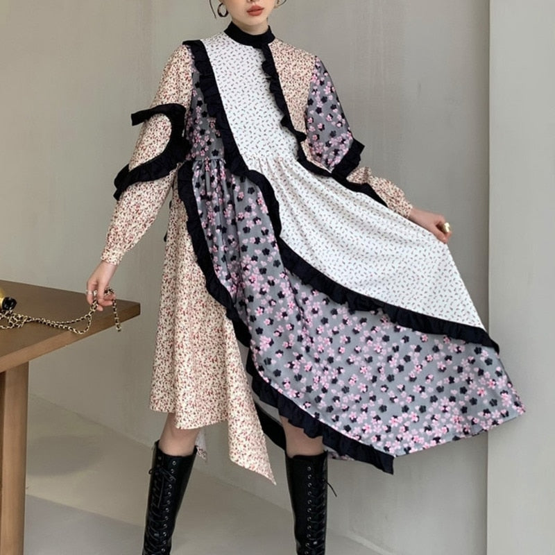 LANMREM 2023 New Spring Dress Women Long Sleeve  Patchwork Printed Flower Dresses Ladies Party Clothes 2A3301