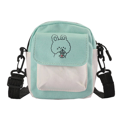 Canvas Women‘s Phone Bag Cartoon Printed Shoulder Messenger Bag Fashion Hit Color Flap Purse Casual Handbag Female Shopping Bag