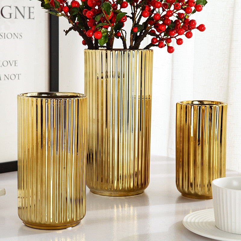 Flower Vases Ceramic Gold Plating Ceramic Vase flower pot Gold Home Decoration Accessories Tools modern home decor vase
