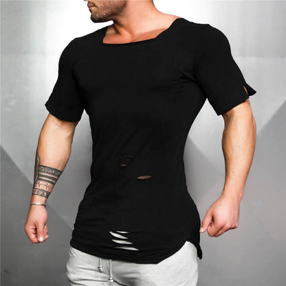 Muscleguys Brand 2021 New Fashion Solid Ripped T Shirt Mens Hip Hop Extend T Shirt Men Destroy Hole Cotton Fitness T shirt Homme