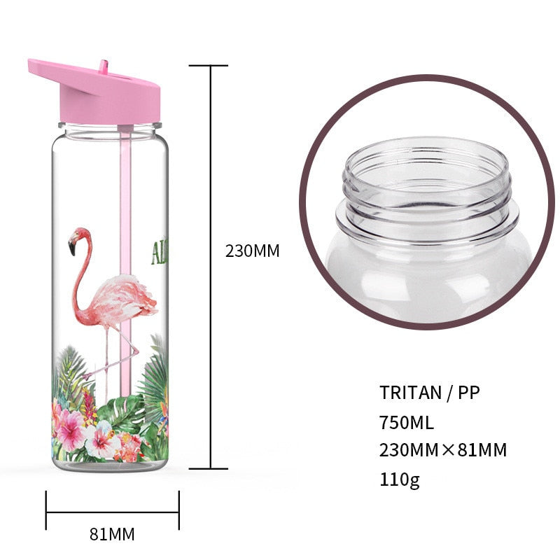 Bpa Free 750ml 100%Tritan Sports Outdoor Straw Water Bottle With Flamingos Printing My Drink Juice Handle The Unicorn Kettle