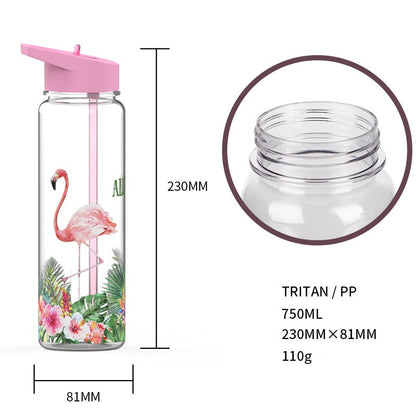 Bpa Free 750ml 100%Tritan Sports Outdoor Straw Water Bottle With Flamingos Printing My Drink Juice Handle The Unicorn Kettle
