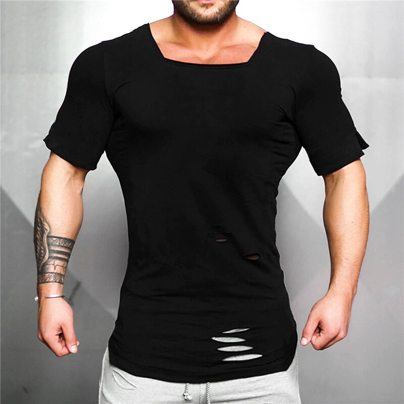 Muscleguys Brand 2021 New Fashion Solid Ripped T Shirt Mens Hip Hop Extend T Shirt Men Destroy Hole Cotton Fitness T shirt Homme