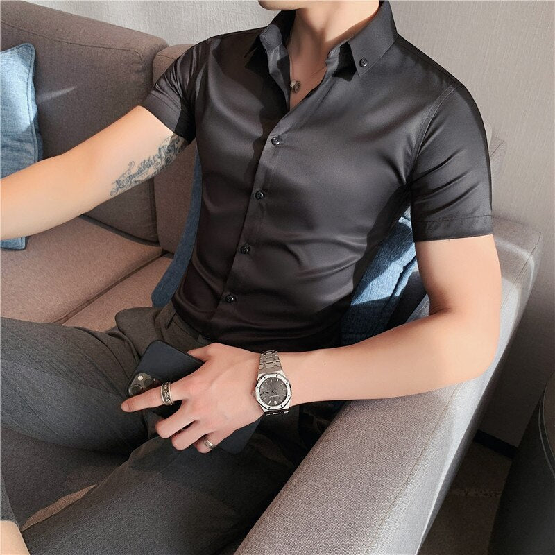 British Style Summer Solid Shirt Collections Men Clothing 2022 All Match Slim Fit Business Formal Wear Dress Blouse Homme Casual