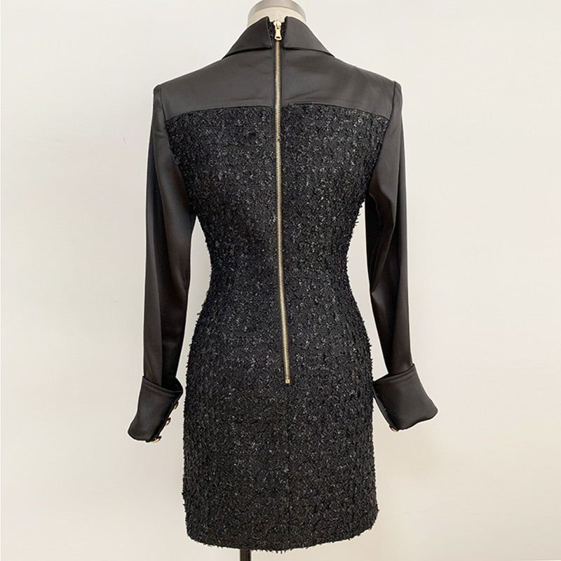 HIGH STREET New Fashion 2023 Baroque Designer Runway Dress Women's Lion Buttons Satin Patchwork Tweed Shimmer Dress
