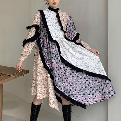 LANMREM 2023 New Spring Dress Women Long Sleeve  Patchwork Printed Flower Dresses Ladies Party Clothes 2A3301