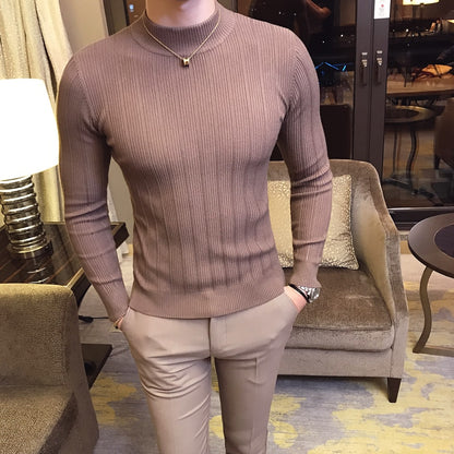New Autumn Winter High Collar Striped Sweater Fashion Boutique Solid Color Men&#39;s Casual Knit Pullover Tight Fashion Mens Sweater