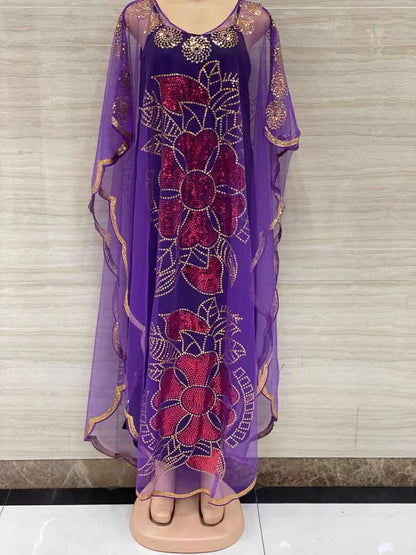 New Style African Women's Clothing Dashiki Abaya Fashion Gauze Fabric Sequins Bat Sleeve Loose Dress Free Size  Single Piece