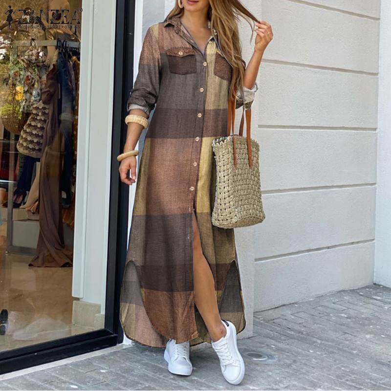 Vintage Check Shirt Dress Women's Autumn Sundress ZANZEA Casual Button Down Maxi Vestidos Female Lapel Robe Femme