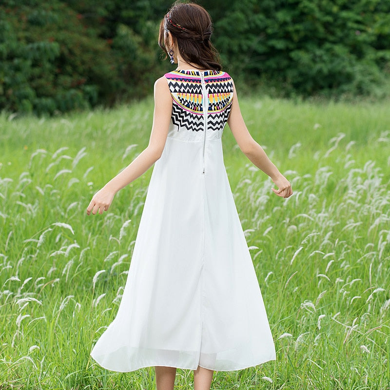 Women&#39;s Vintage Embroidery Tassel boho White Long Dress Sleeveless Casual Dresses Ladies Sundress 2022 Summer Dress vestidos