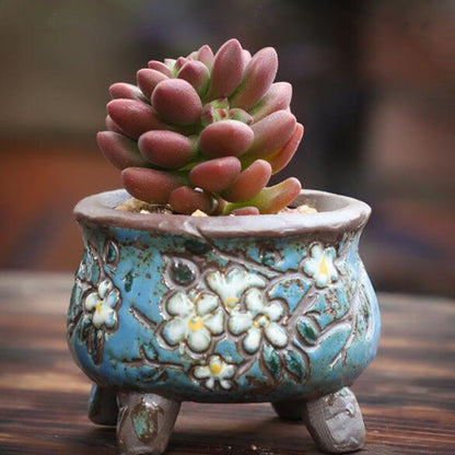 Coarse Pottery Retro Colorful Painted Flower Pot with Foot Stand Succulent Plant Flowerpot Bonsai Planter Vase Desktop Ornaments