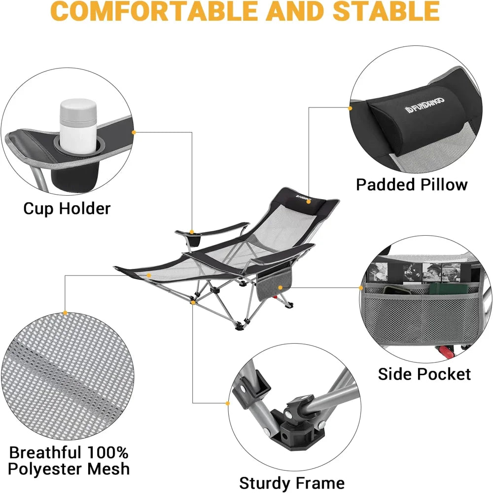 # Camping Lounge Chair with Footrest, Portable Mesh Folding Chairs, Adjustable Reclining Lawn Chair with Headrest Cup Holder Sto
