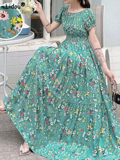 Elegant Fashion Office Lady Floral Printing Waist Ankle Skirts 2022 New Summer Chic Vintage Women's Clothing Sundress Dresses
