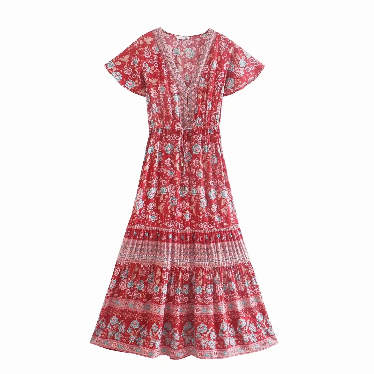 GypsyLady Floral Printed Maxi Dress Vintage Boho Summer Holiday Women Dresses Casual Chic Tie Lace Up Ladies Beach Female Dress