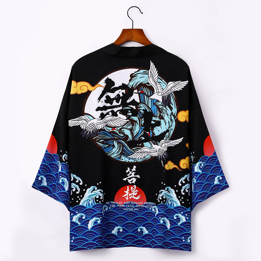 Dragon Printed Black White Men Obi Male Yukata Kimono Cardigan Men&#39;s Haori  Samurai Traditional Japanese Clothing