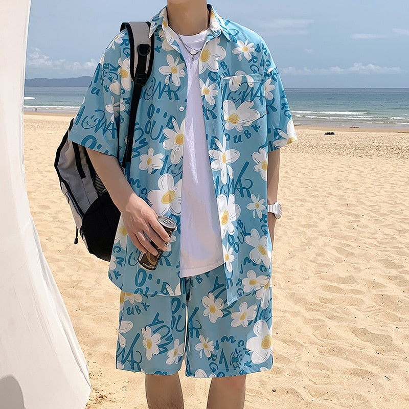 Summer Men Shorts Set Matching Shirts Letter Striped Floral Printing Lightweight Short Sleeve Elastic Waist Oversize Suit Man