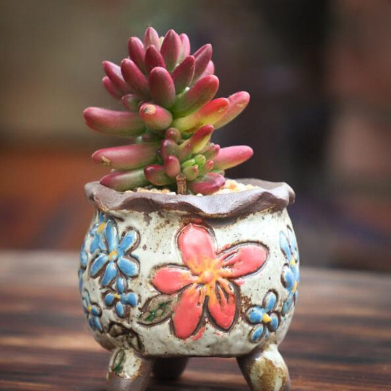 Coarse Pottery Retro Colorful Painted Flower Pot with Foot Stand Succulent Plant Flowerpot Bonsai Planter Vase Desktop Ornaments