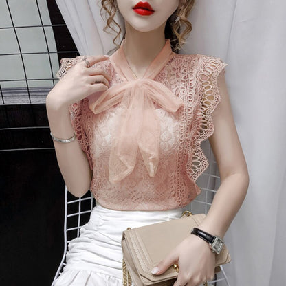 Solid Hollow Out Shirt Korean Fashion Clothing Vintage Sleeveless 2023 Womens Tops and Blouses Lace Patchwork Blusas 9811
