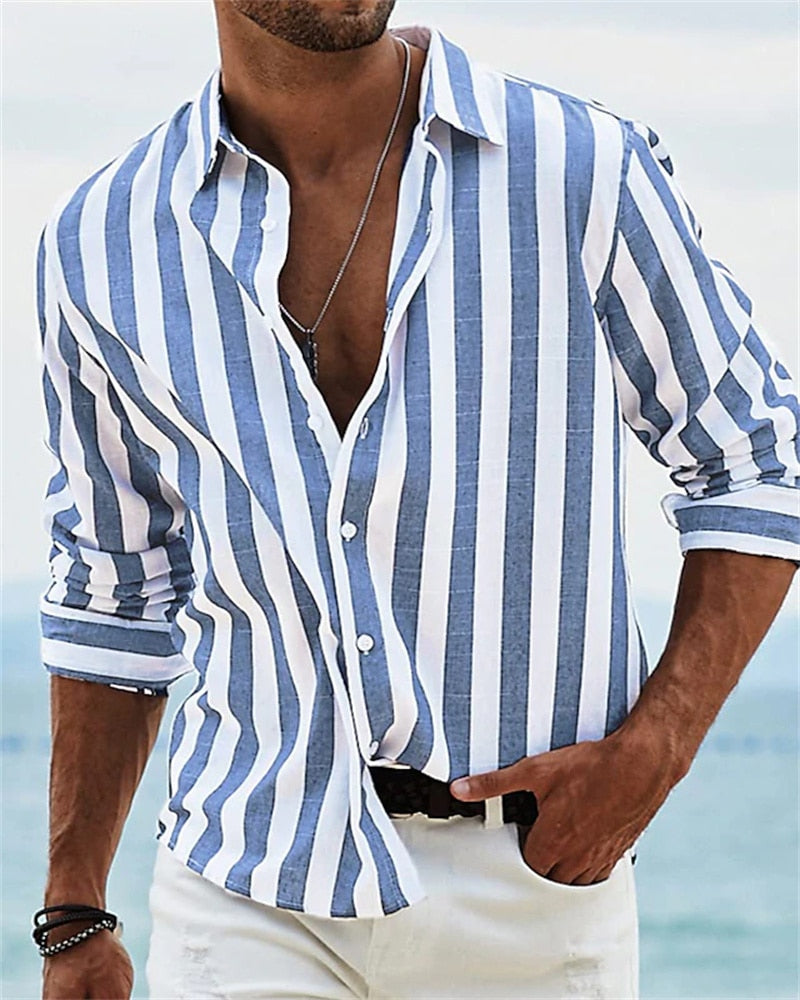 Summer 2023 men's long-sleeved green striped printed shirt men's social luxury party dress Hawaiian elegant classic fashion 6XL