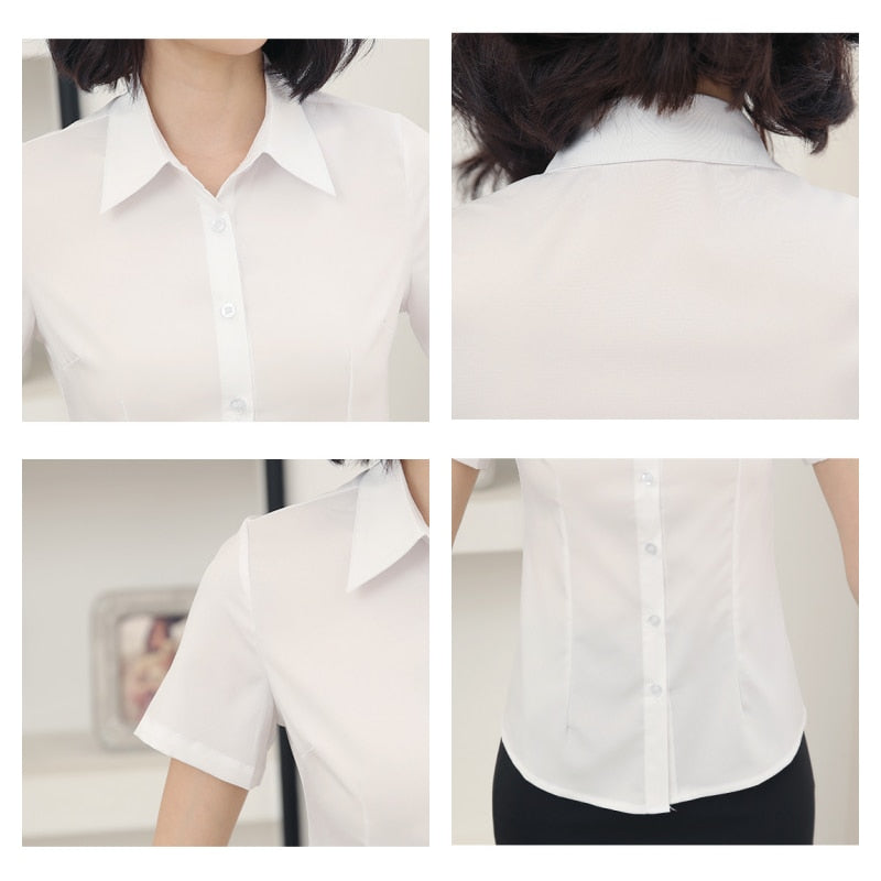 Fashion Woman Blouses 2023 V-neck Short Sleeve Solid Work Shirts Tops Pretty and Cheap Women&#39;s Blouse OL White Female clothing