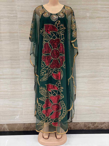 New Style African Women's Clothing Dashiki Abaya Fashion Gauze Fabric Sequins Bat Sleeve Loose Dress Free Size  Single Piece