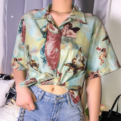 Deeptown Harajuku Angel Graphic Tee Vintage T Shirt Women Hawaii Ladies Tops Streetwear Roupas Femininas Blouse Summer Clothing