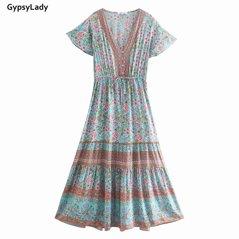 GypsyLady Floral Printed Maxi Dress Vintage Boho Summer Holiday Women Dresses Casual Chic Tie Lace Up Ladies Beach Female Dress