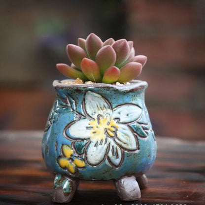 Coarse Pottery Retro Colorful Painted Flower Pot with Foot Stand Succulent Plant Flowerpot Bonsai Planter Vase Desktop Ornaments