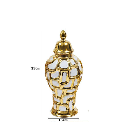 Luxury Electroplated Gold Plaid Ceramic General Jar Artwork Storage Jar Hotel Display Vase Home Decoration Dry Flower Vase