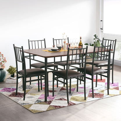 7 Piece Dining Set 1 Wood Metal Table and 6 Chairs Kitchen Breakfast Furniture Walnut[US-W]