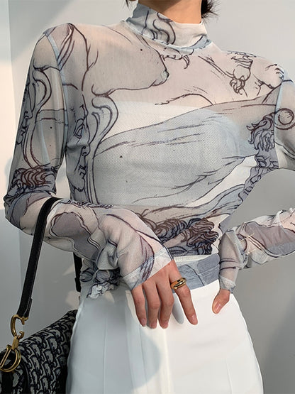 CHEERART Turtleneck Mesh Blouse Women Renaissance Print Long Sleeve See Through Top Ladies Sheer Designer Top Clothing