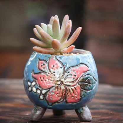 Coarse Pottery Retro Colorful Painted Flower Pot with Foot Stand Succulent Plant Flowerpot Bonsai Planter Vase Desktop Ornaments