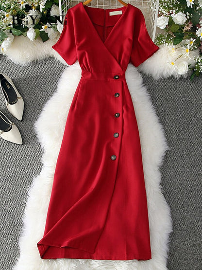 Beiyingni Office Ladies Dress Elegant Buttons Casual Slim Slim Vintage Romance Party Women Dress Red Pink Yellow Vestidos Mujer