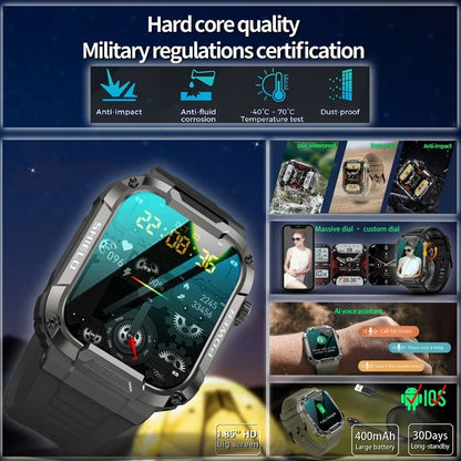 Rugged Military Smart Watch Men For Android IOS Ftiness Watches Ip68 Waterproof 1.85&#39;&#39; AI Voice Bluetooth Call Smartwatch 2023