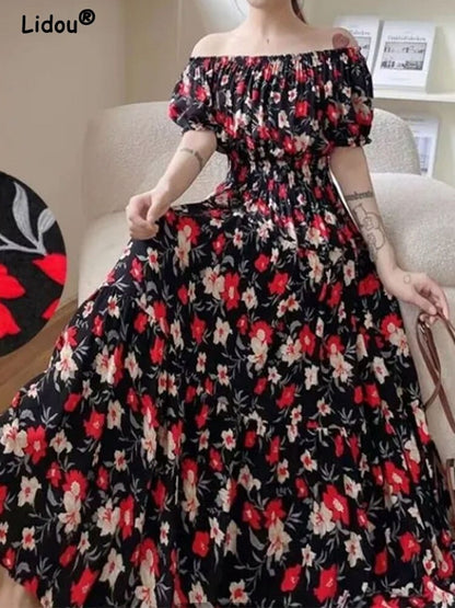 Elegant Fashion Office Lady Floral Printing Waist Ankle Skirts 2022 New Summer Chic Vintage Women's Clothing Sundress Dresses