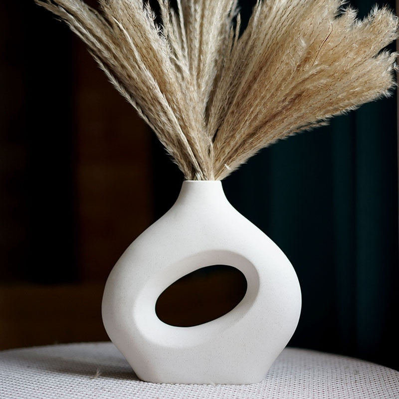 Nordic Ceramic Vase for Pampas Grass Donuts Flower Pot Home Decoration Accessories Office Living Room Interior Table Desk Decor