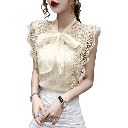 Solid Hollow Out Shirt Korean Fashion Clothing Vintage Sleeveless 2023 Womens Tops and Blouses Lace Patchwork Blusas 9811